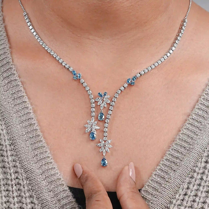 Lab Diamond And Blue Pear Diamond Cluster Necklace