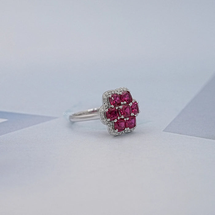 Red Ruby Cushion Shape Floral Halo Engagement Ring