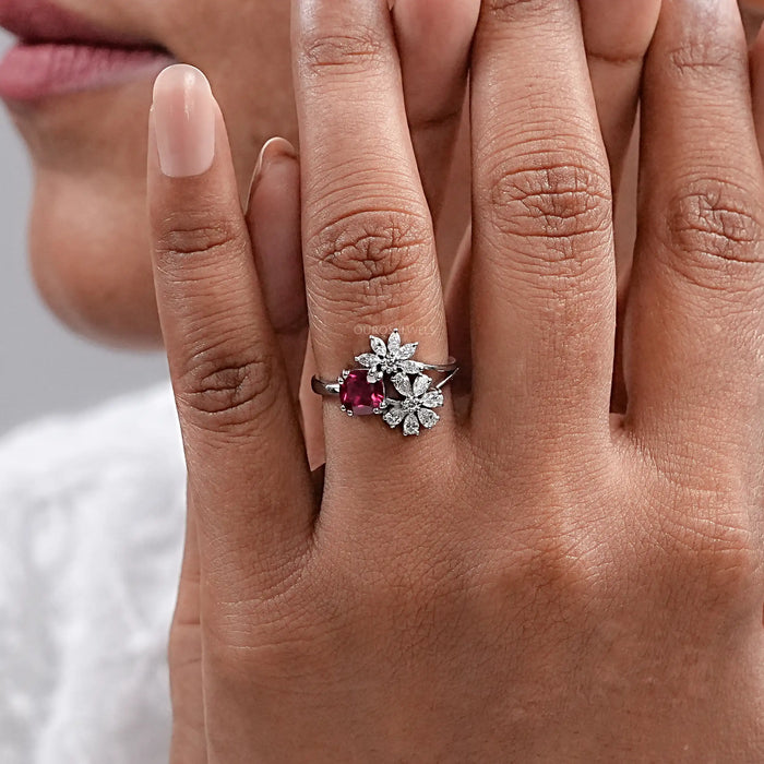 Split Shank Lab Grown Ruby And Diamond Ring