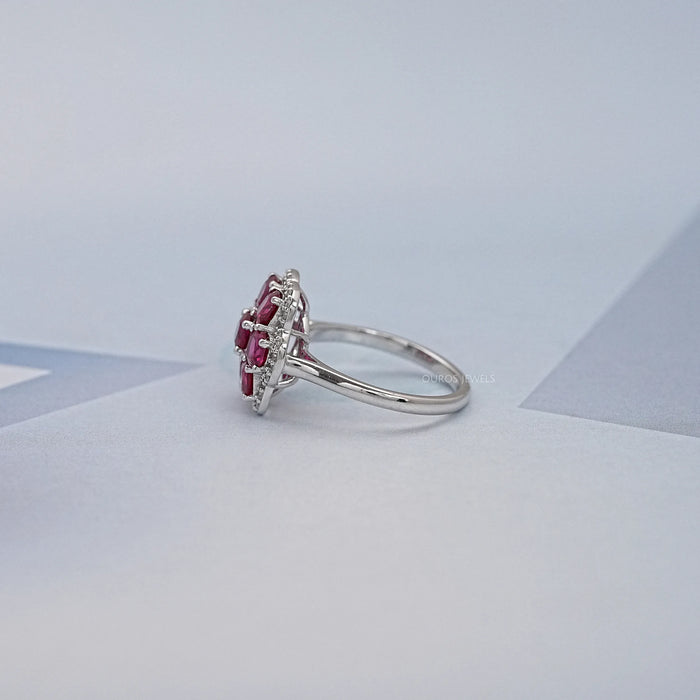 Red Ruby Cushion Shape Floral Halo Engagement Ring