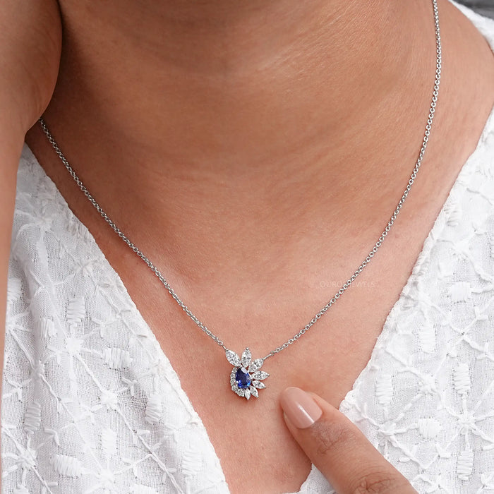Blue Sapphire And Diamond Floral Cluster Pendant Necklace