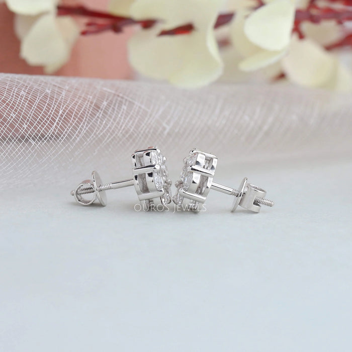 side view of floral round cut halo diamond screw back earrings white gold