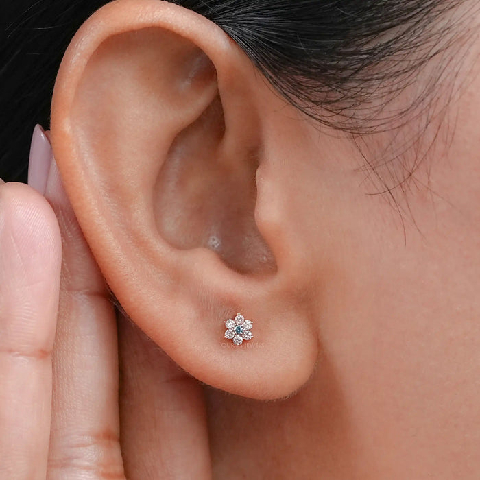 Pink & Blue Round Diamond Floral Earring