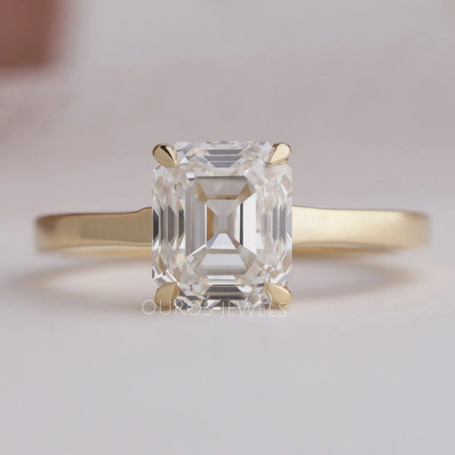 top view of old mine emerald cut lab diamond solitaire wedding ring