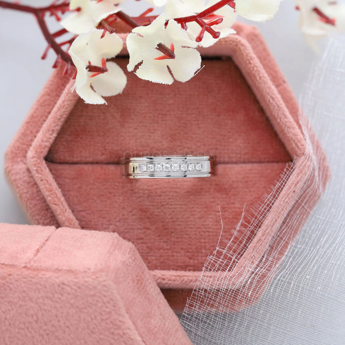 8 stone round cut diamond white gold men's engagement ring in jewelry box