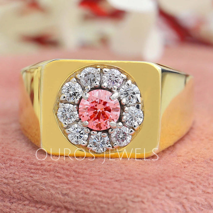 front view of pink round cut lab diamond halo yellow gold men's wedding ring