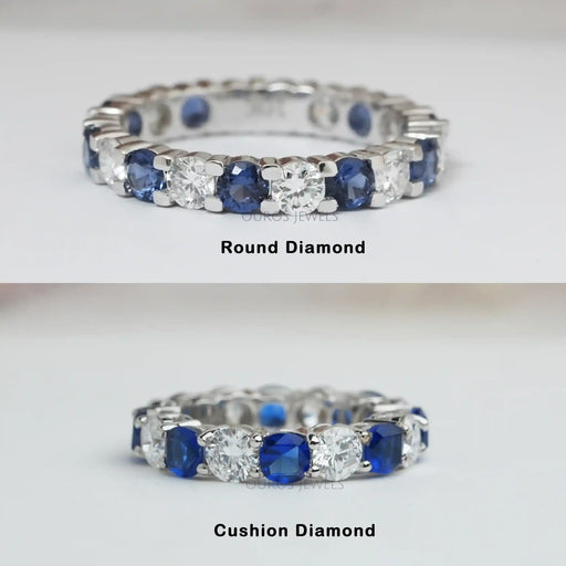 sapphire eternity band in round and cushion shape 