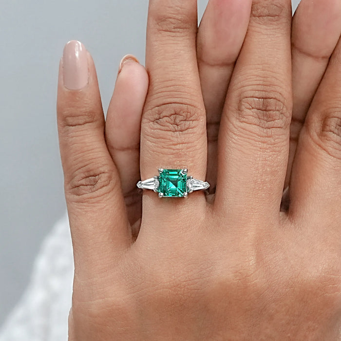 Asscher Cut Green Gemstone Three Stone Engagement Ring
