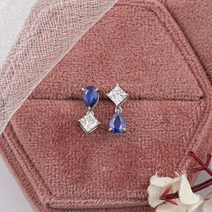 Pear Sapphire And  Princess Diamond Two Stone Earrings