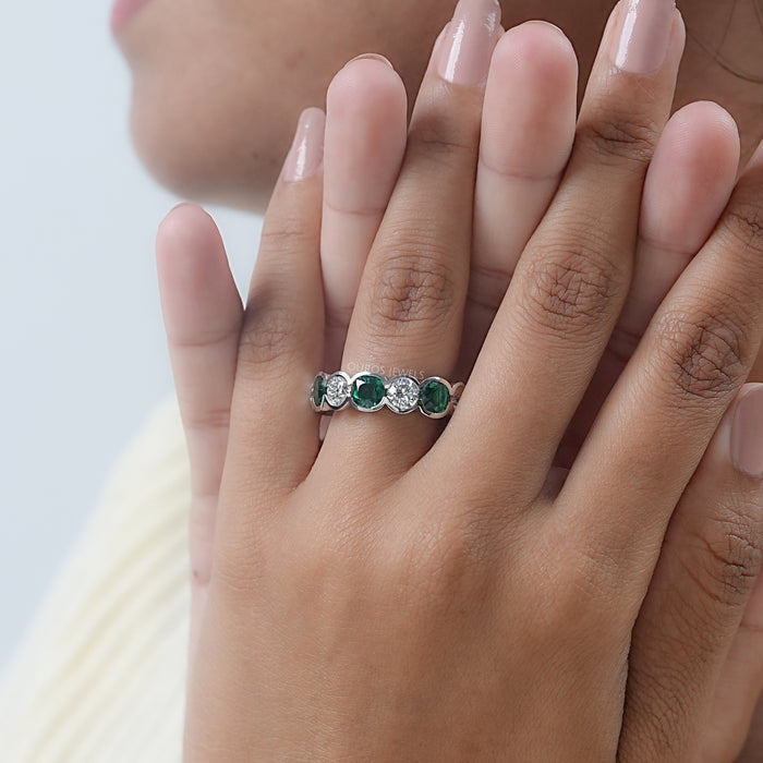 Green Zambian Cushion Half Bezel Wedding Band