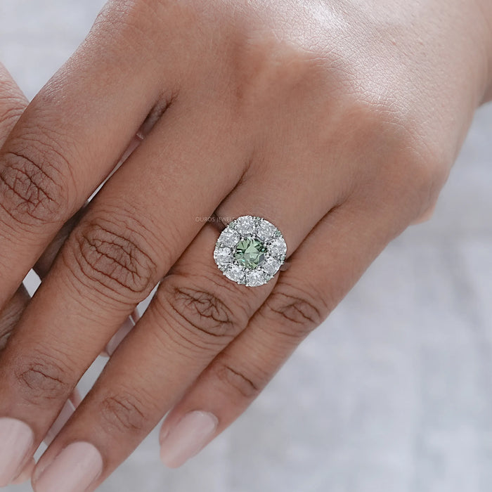 Green Cushion Diamond Halo Engagement Ring