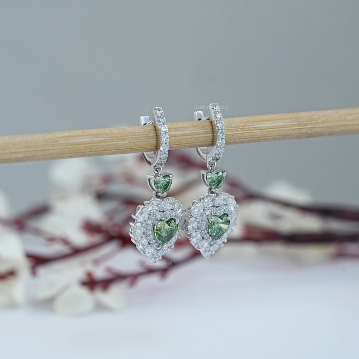 Green Heart Diamond Halo Set Dangle Earring