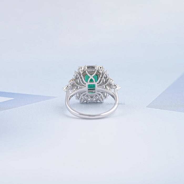 Double Halo Green Emerald Diamond Engagement Ring