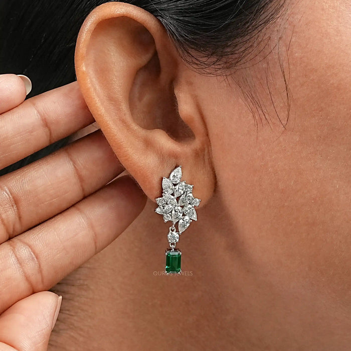 Diamond Cluster Drop Emerald Earrings