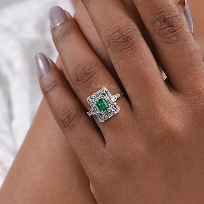 Baguette And Round Halo Diamond Gemstone Ring