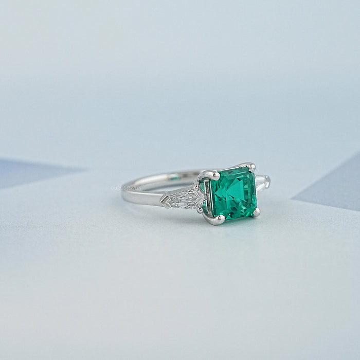 Asscher Cut Green Gemstone Three Stone Engagement Ring