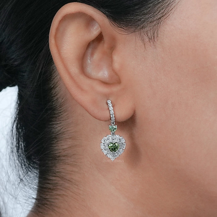 Green Heart Diamond Halo Set Dangle Earring