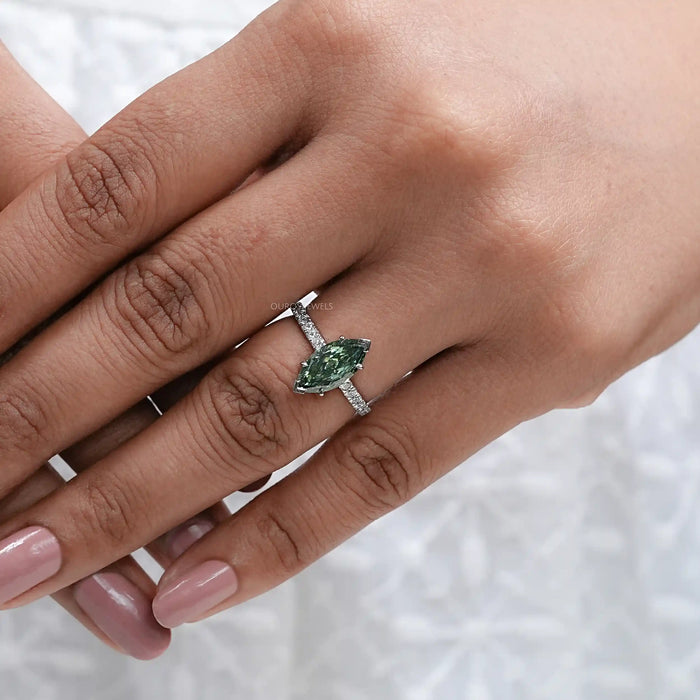 Green Marquise Lab Diamond Solitaire Accent  Ring