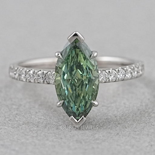 front view of green marquise-cut lab diamond solitaire accent wedding ring