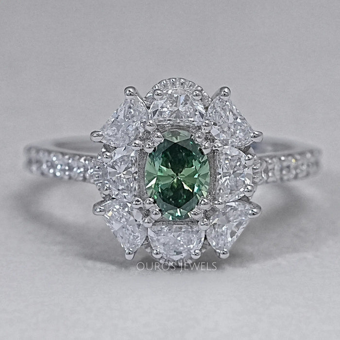 Oval Cut Green Half Moon Halo Engagement Ring