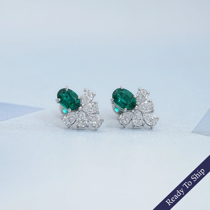 Green Oval  And Pear Lab Diamond Floral Stud Earrings