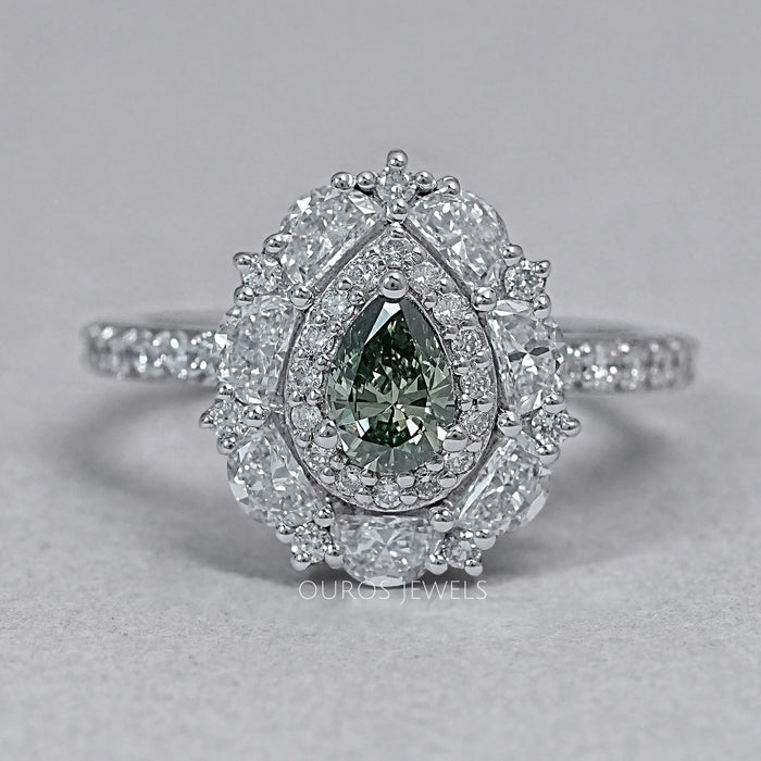 Green Pear Cut Surround Double Halo Diamond Engagement Ring