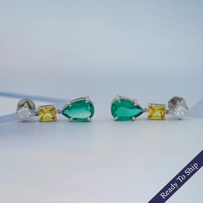 Green Pear And Yellow Radiant Diamond Drop Earrings
