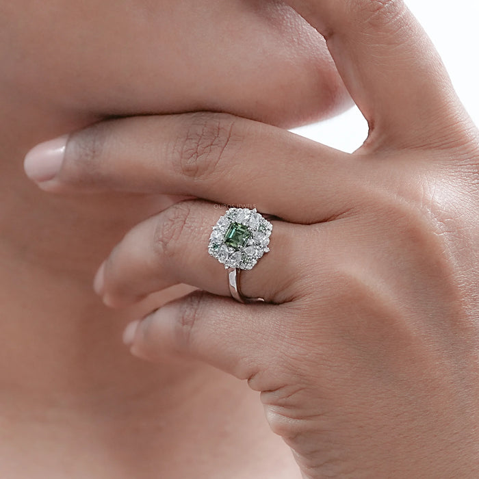 Asscher Cut Green Lab Diamond Cluster Engagement Ring