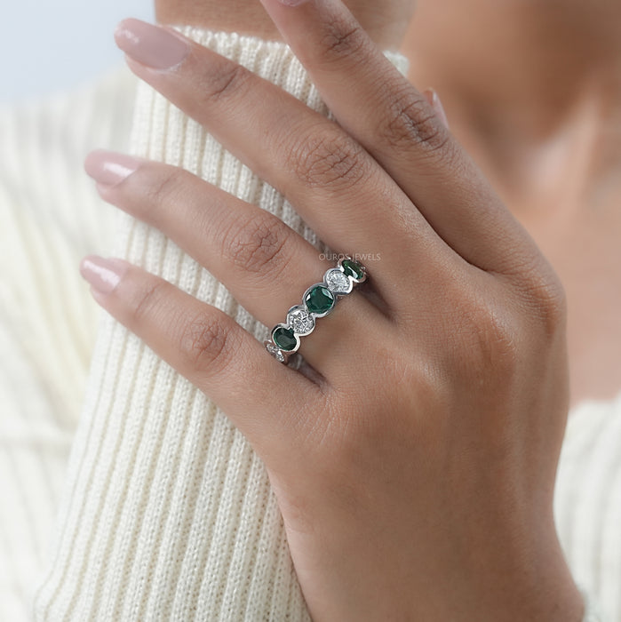 Green Zambian Cushion Half Bezel Wedding Band