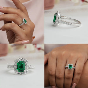 Green Emerald Cut Lab Grown Diamond Ring With Halo Setting In White Gold