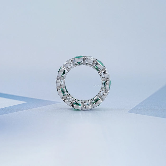 Green Zambian Cushion Half Bezel Wedding Band