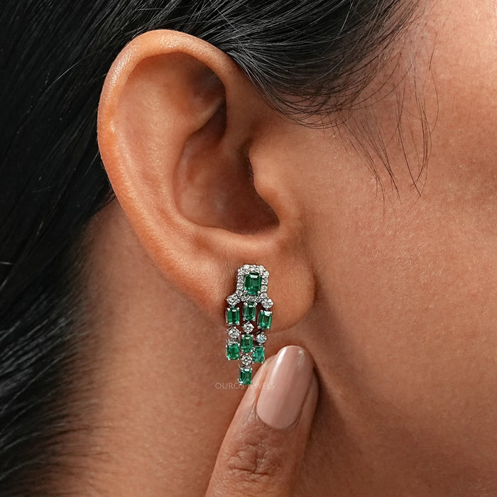 Green Emerald Halo Diamond Chandelier Dangle Earring