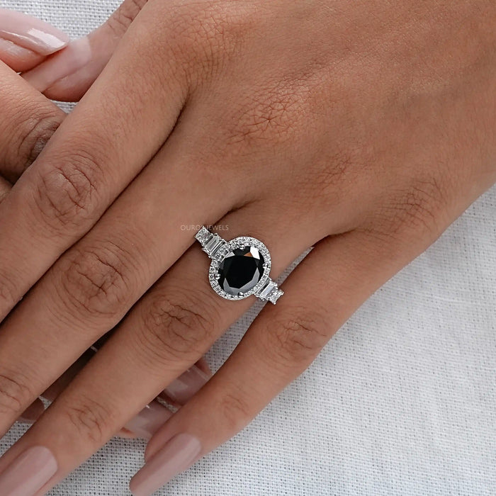 Black Oval Cut Halo With Accent Diamond Ring