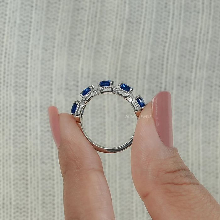 Five Stone Blue Asscher Cut Gemstone Halo Diamond Ring