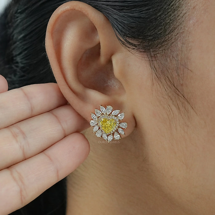 Yellow Heart Lab Diamond Double Halo Stud Earrings