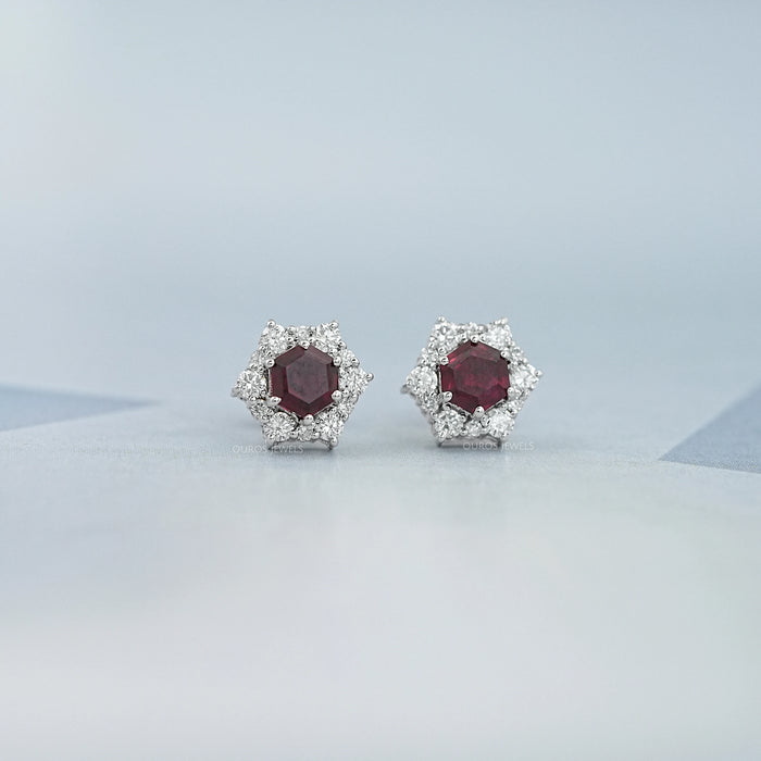 Floral Hexagon Cut Red Ruby Gemstone Cluster Stud Earrings