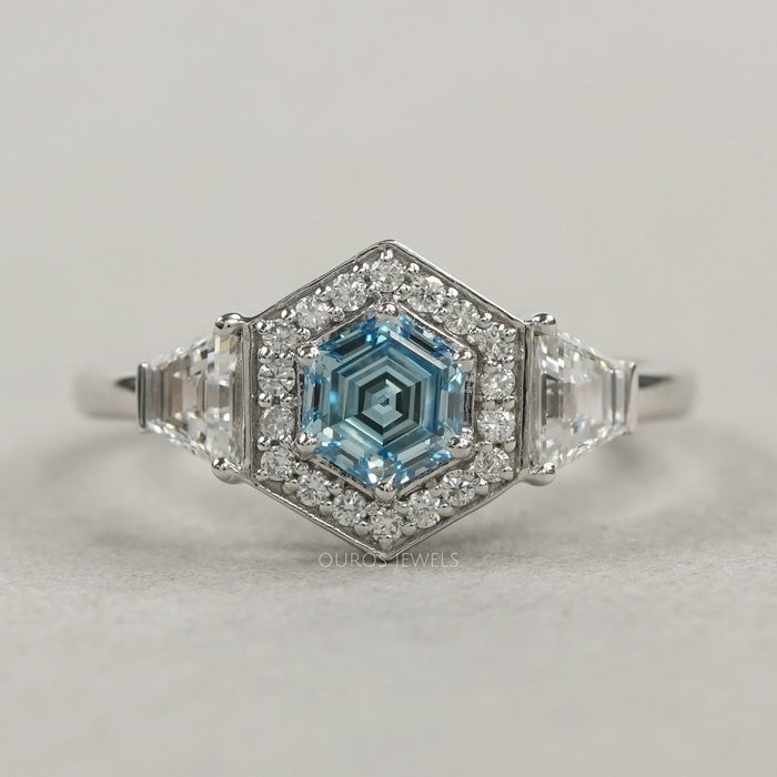 3 Stone Blue Hexagon Cut Halo Diamond Engagement Ring