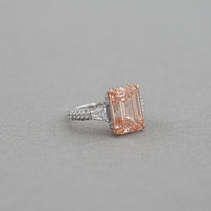 Pink Emerald Lab Diamond Three Stone Hidden Halo Ring