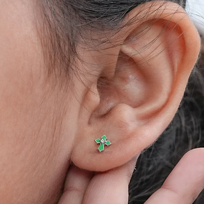 Enamel Green Cross Earrings For Kids