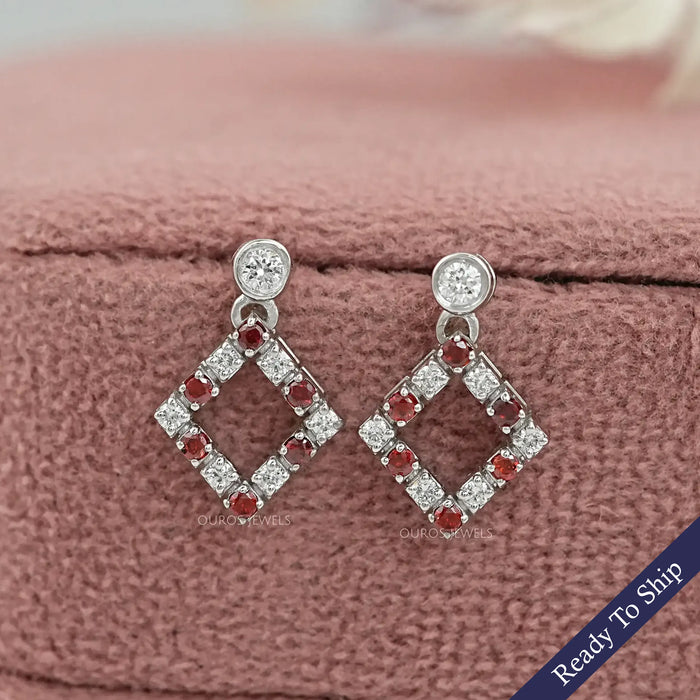 Ruby Round Gemstone Bezel Set Drop Earrings