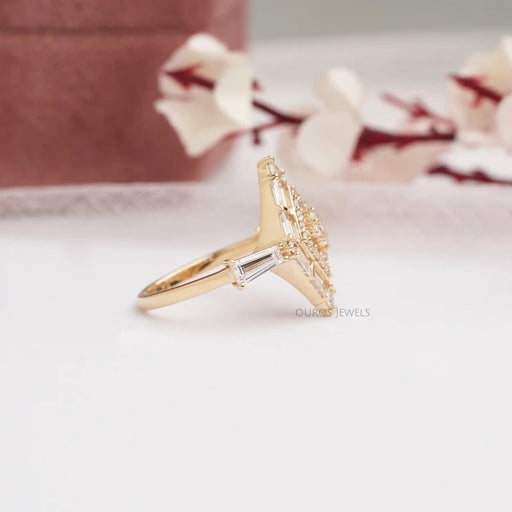 [Side View of Kite Shape Double Halo Engagement Ring]-[Ouros Jewels]