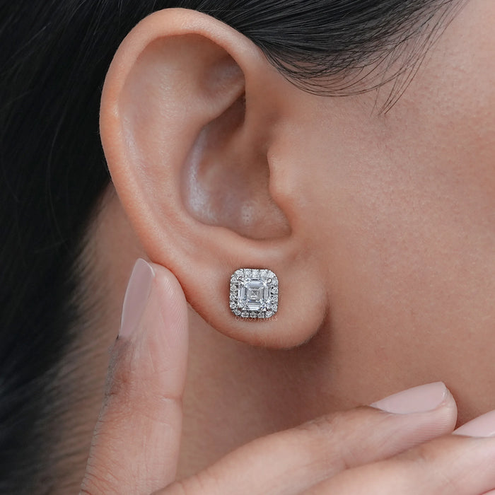 Asscher Lab Diamond Halo Stud Earrings