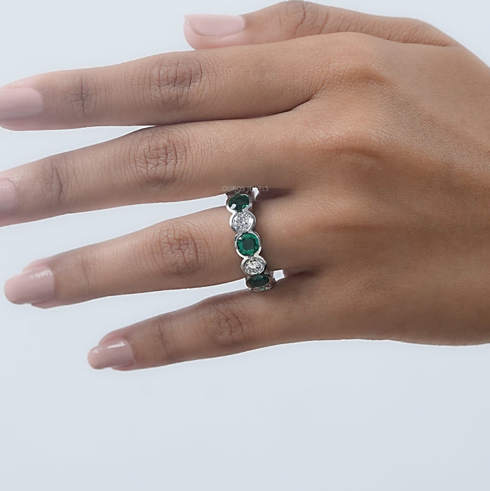 Green Zambian Cushion Half Bezel Wedding Band