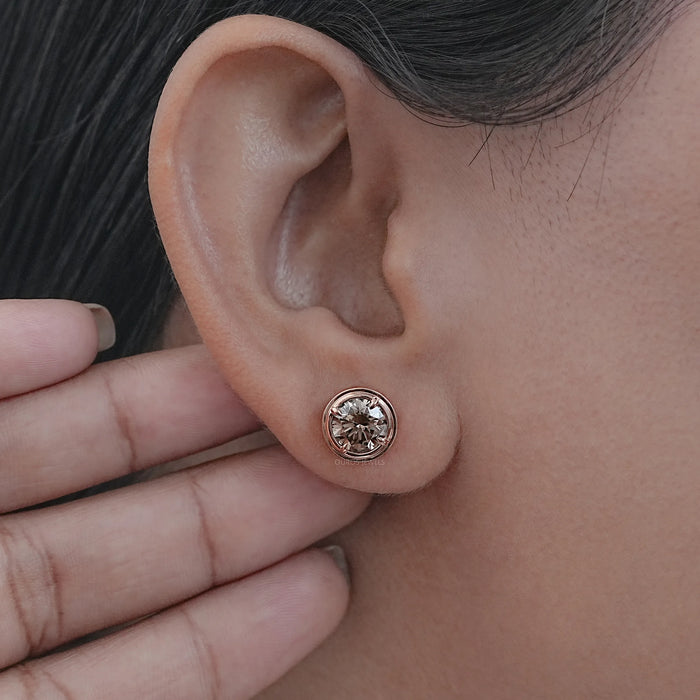 Champagne Round Diamond Bezel Set Stud Earring