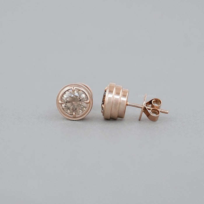 Champagne Round Diamond Bezel Set Stud Earring