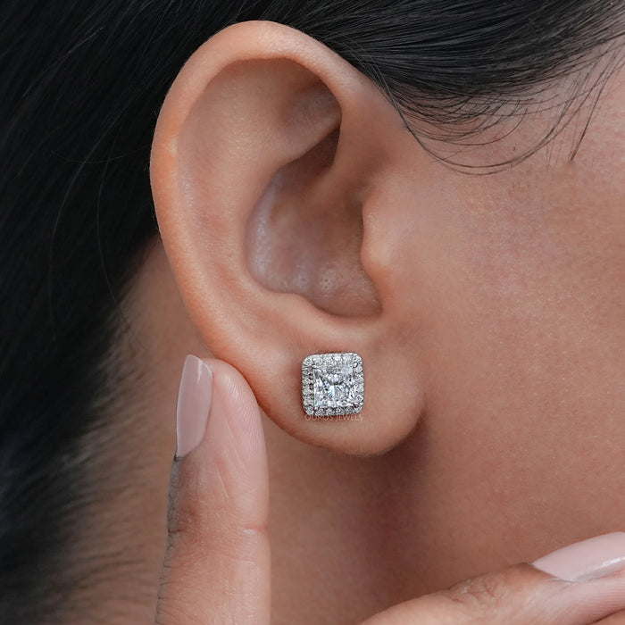 Lab Princess Diamond Halo Stud Earrings