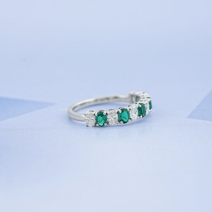 Green Oval Gemstone Half Eternity Wedding Band