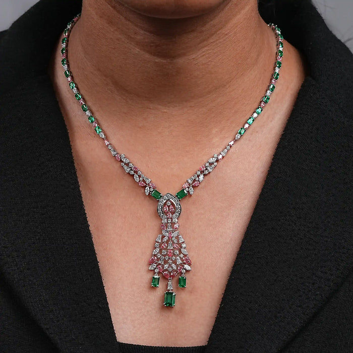 Green Emerald & Pink Pear Diamond Wedding Necklace