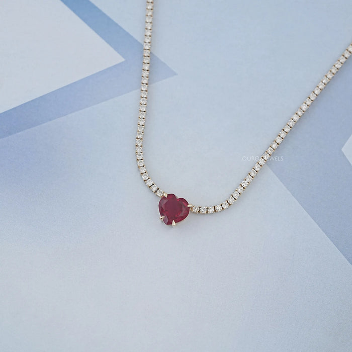 Ruby Heart And Round Diamond Tennis Necklace