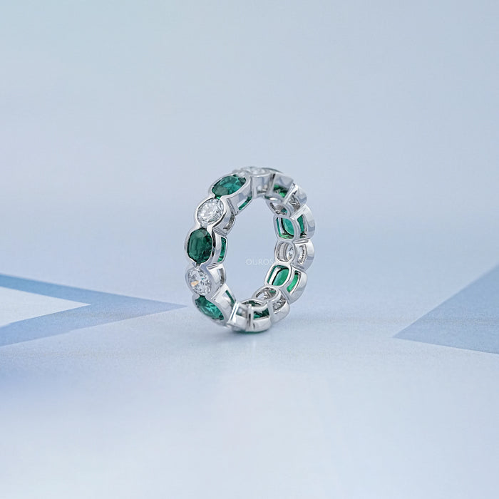 Green Zambian Cushion Half Bezel Wedding Band
